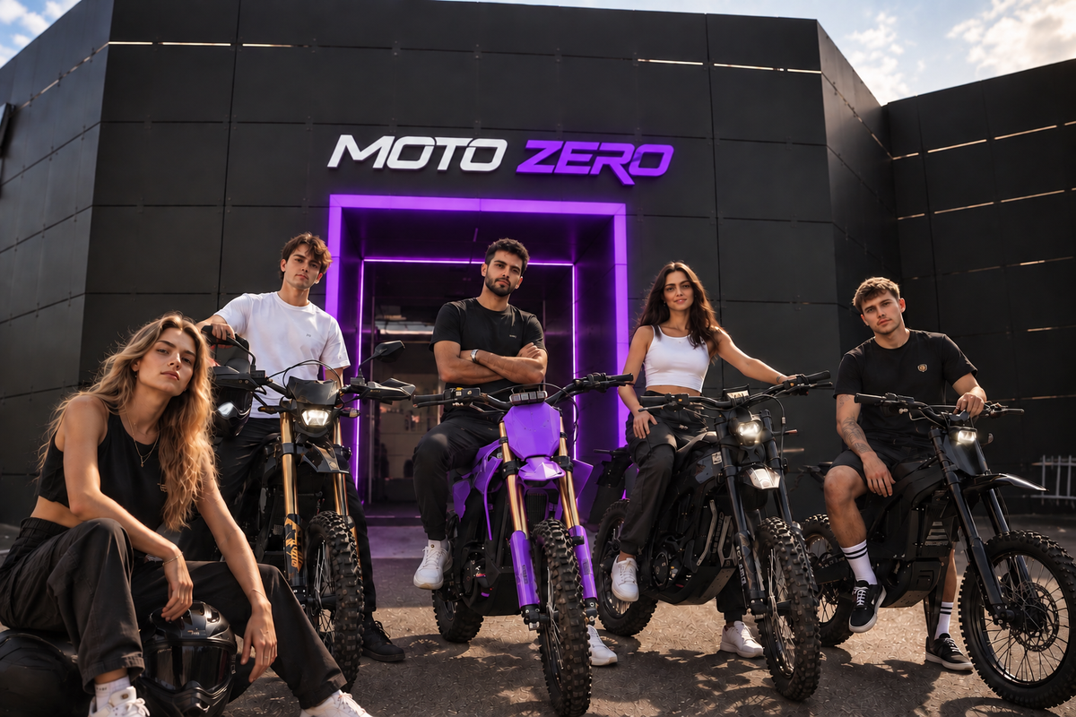 Das MotoZero Team vor dem Store mit Elektromotorrädern